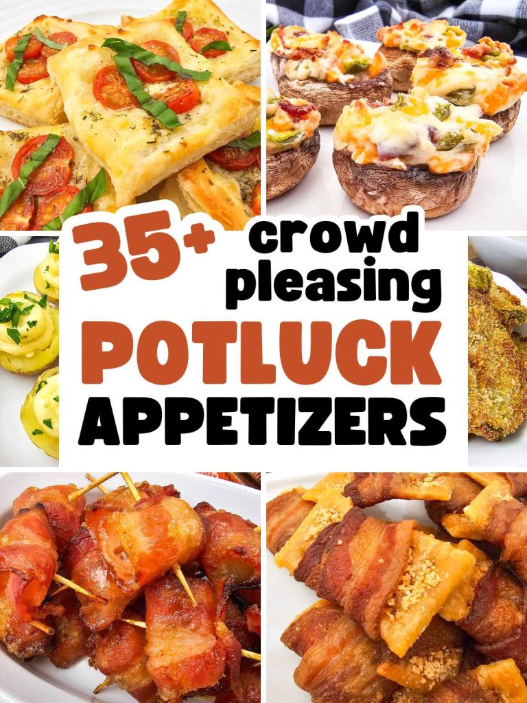 Collage of a variety of potluck appetizers.