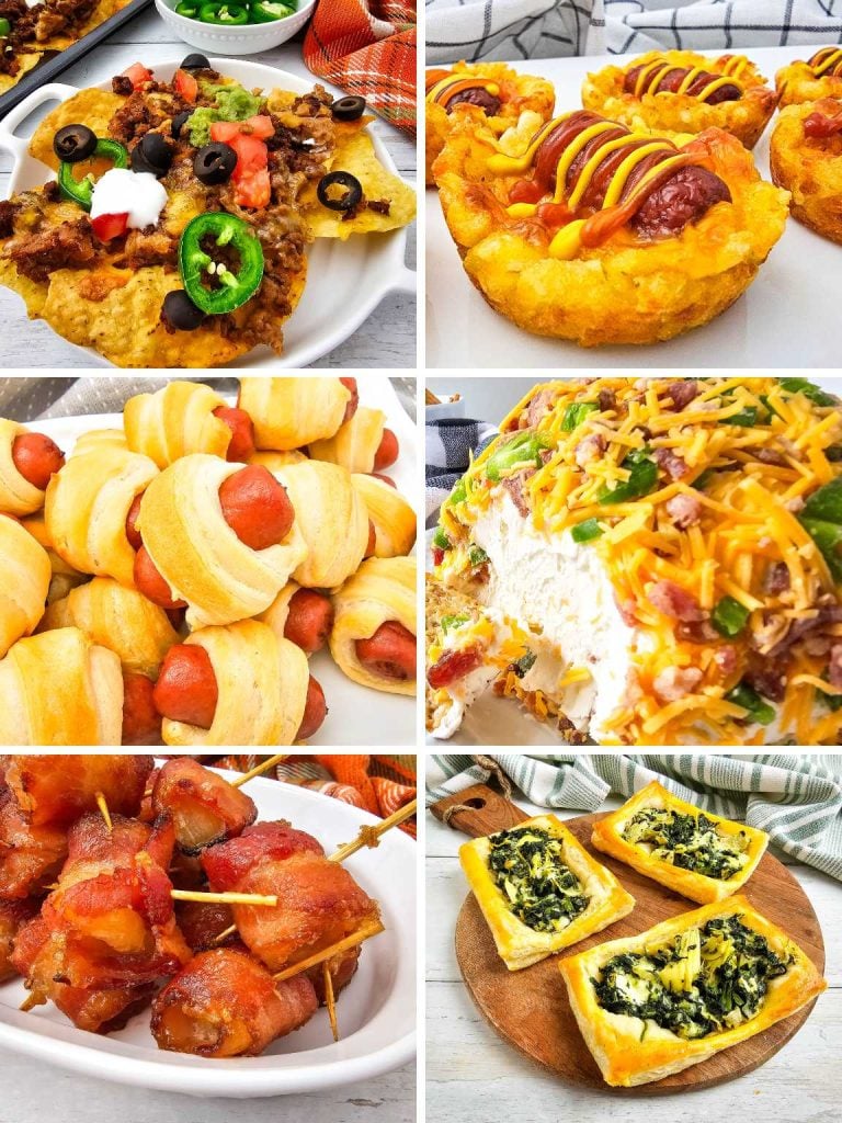 Collage of a variety of Super Bowl party food ideas.