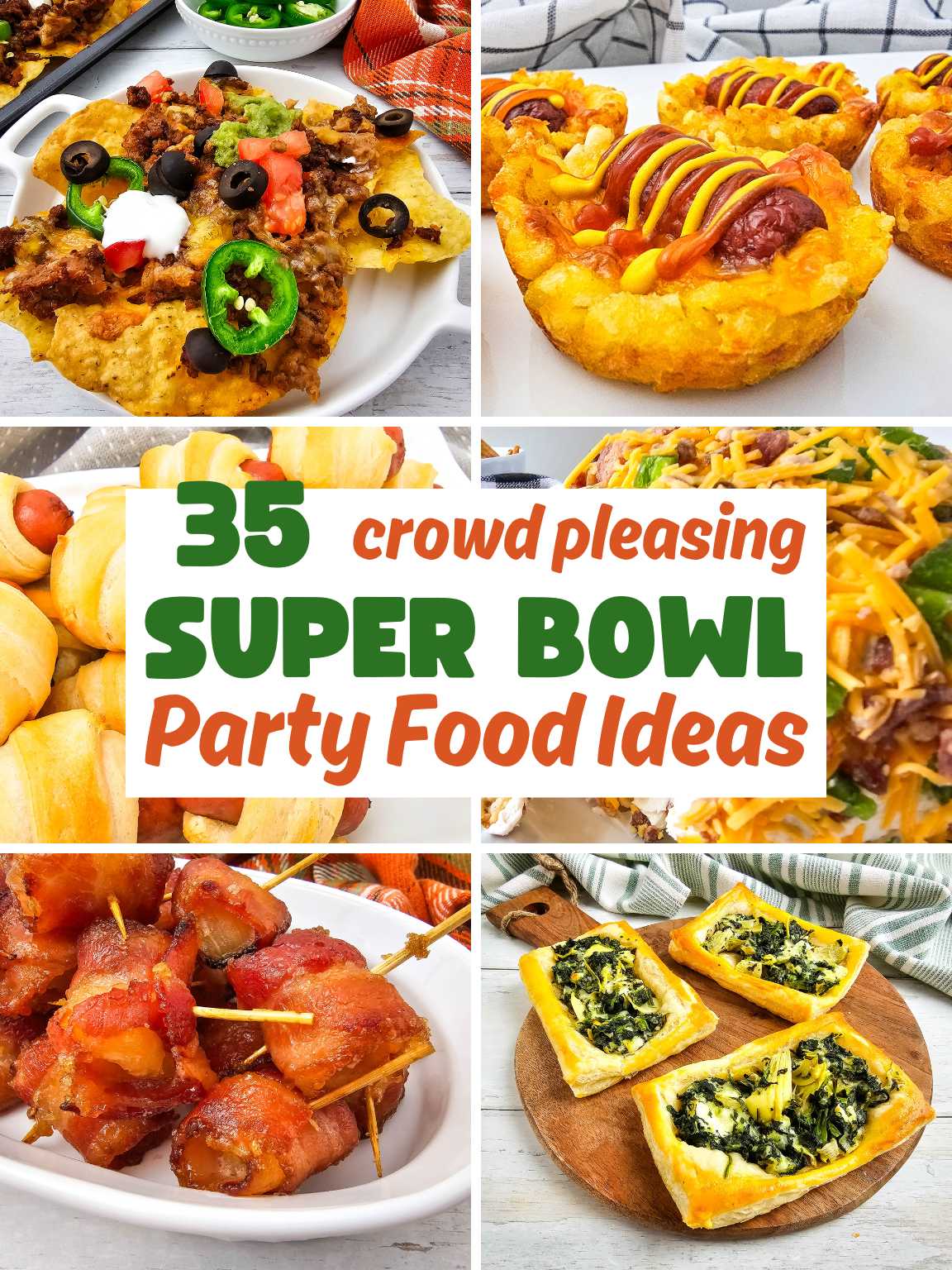 Collage of a variety of Super Bowl party food appetizers.