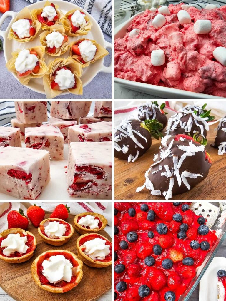 Collage of a variety of strawberry dessert recipes.