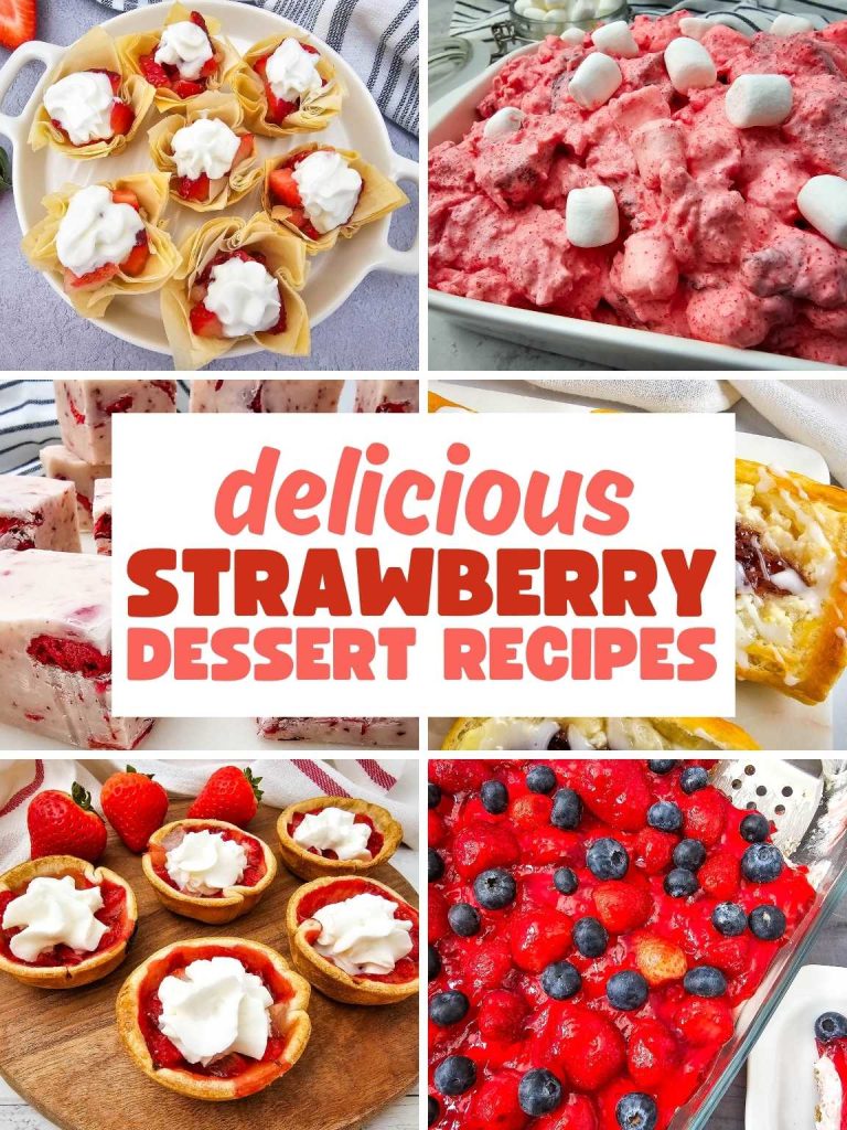 Collage of a variety of strawberry dessert recipes.