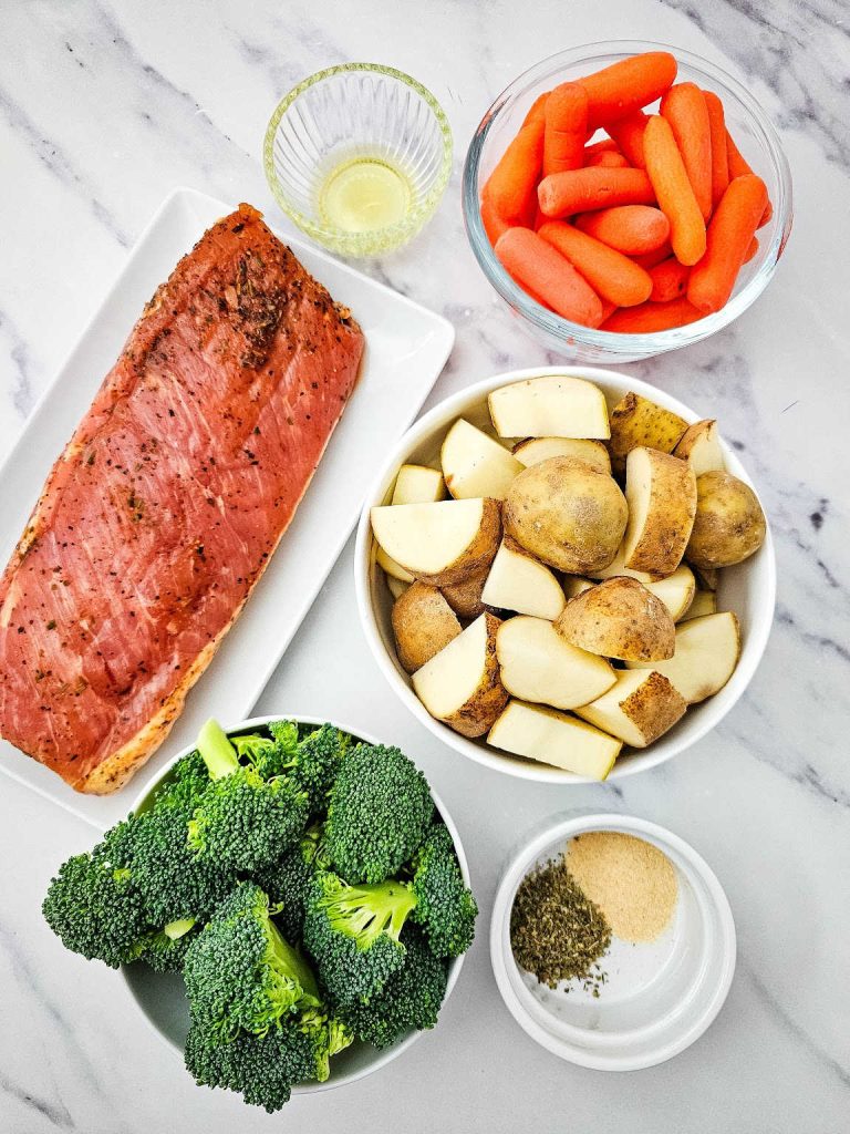 Sheet pan pork tenderloin dinner ingredients