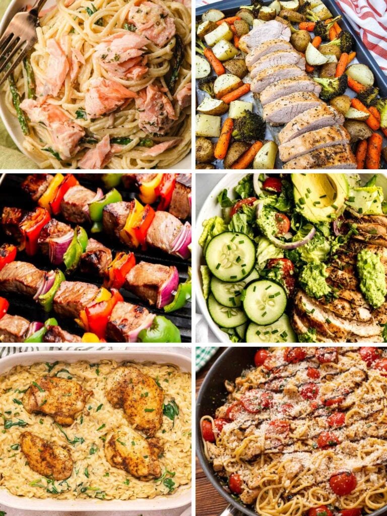 Collage of a variety of easy spring dinner ideas.