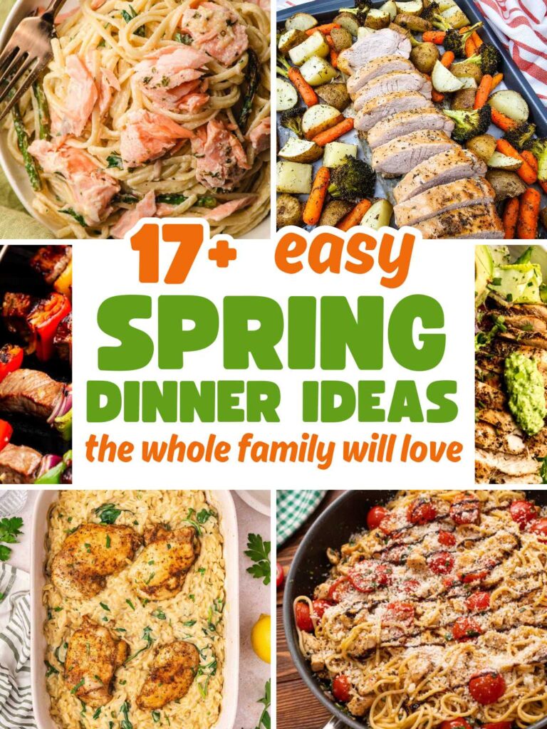 Collage of a variety of easy spring dinner ideas.