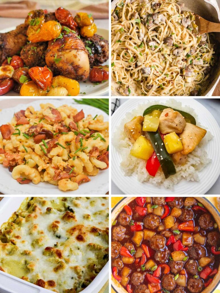 Collage of a variety of easy weeknight dinner ideas.