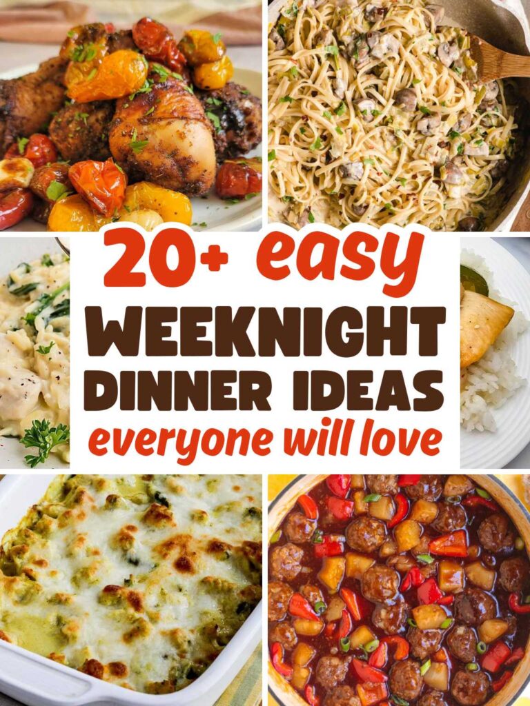 Collage of a variety of easy weeknight dinner ideas.