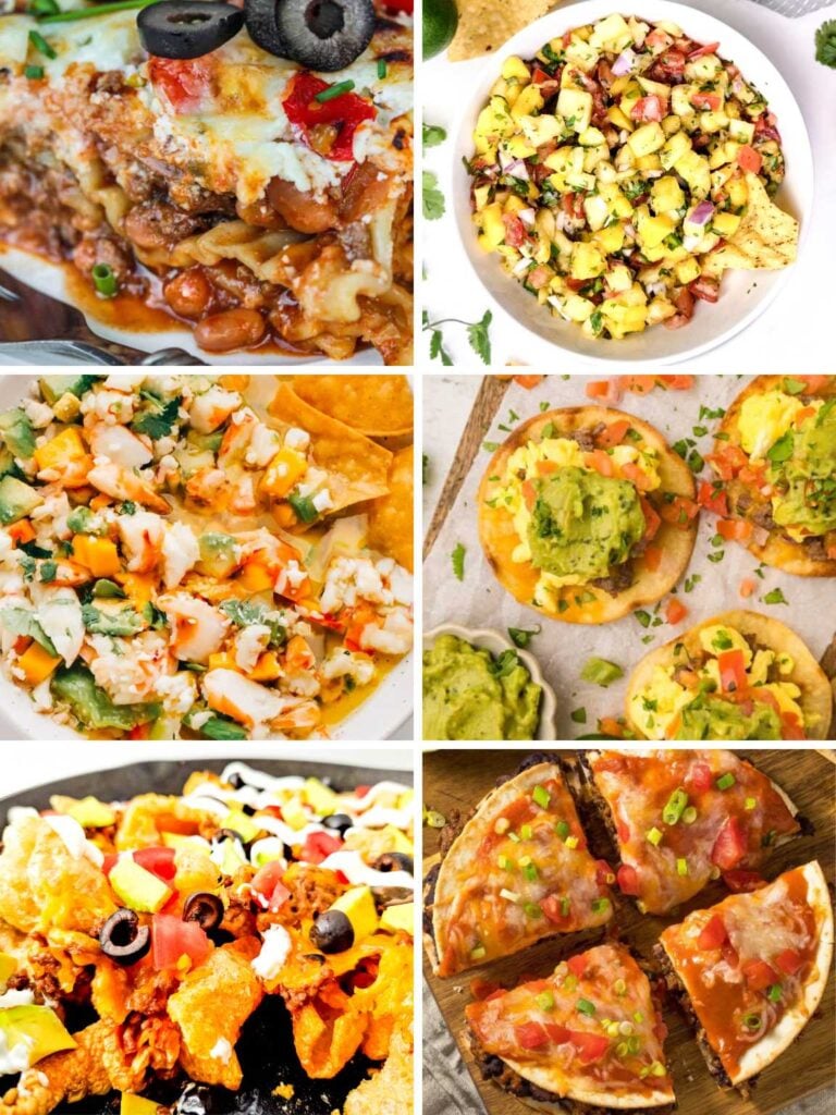 Collage of a variety of Cinco de Mayo party food ideas.