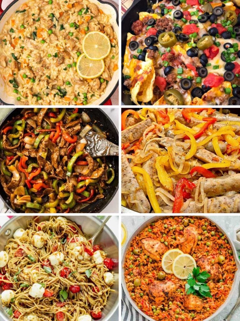 Collage of various easy one pot dinners.