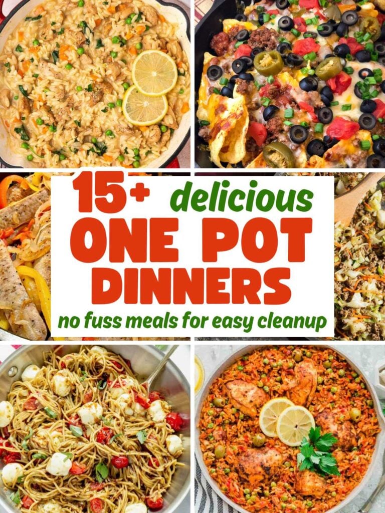 Collage of various easy one pot dinners.