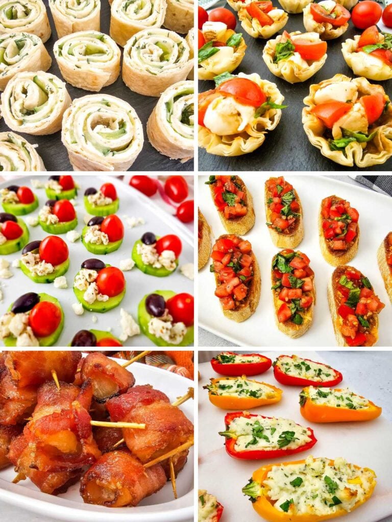 Collage of various one bite appetizers.