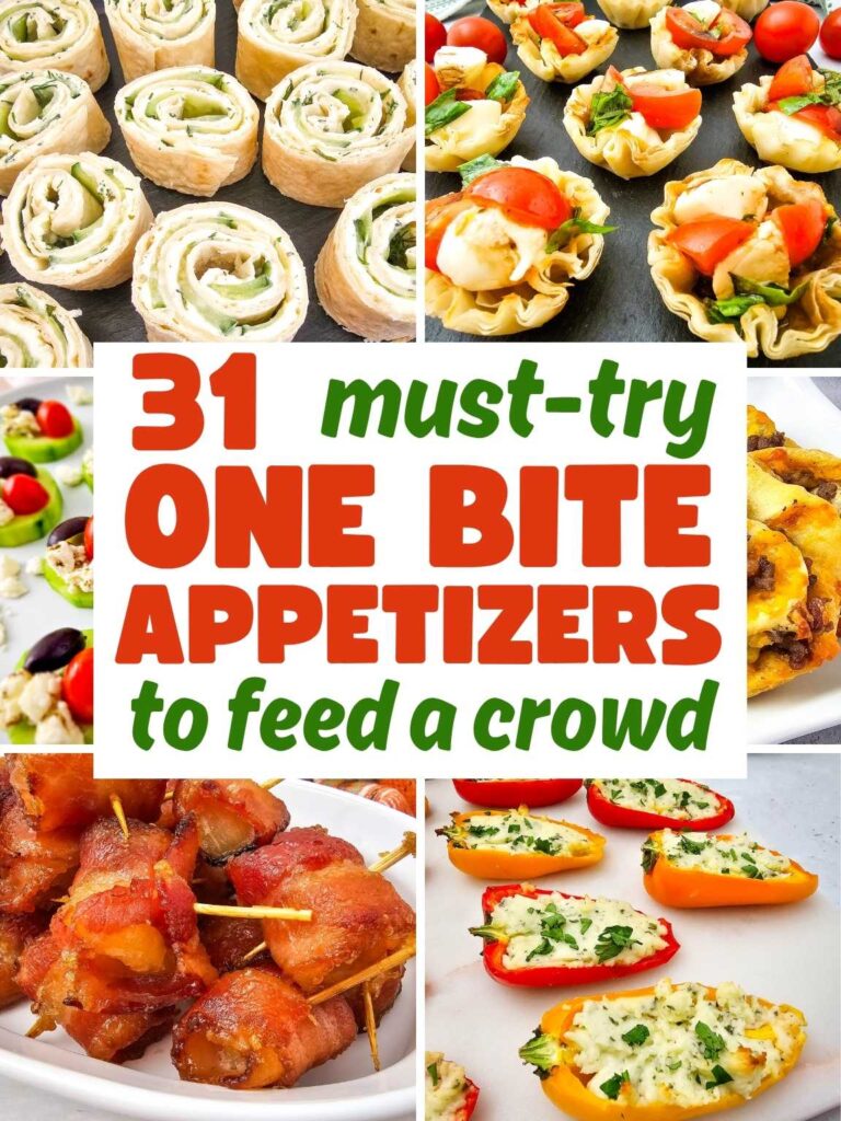 Collage of various one bite appetizers.