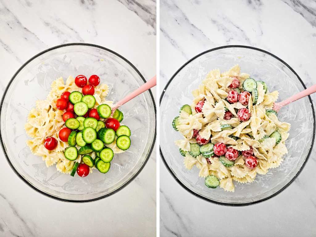 Bowtie pasta slaw salad process 3