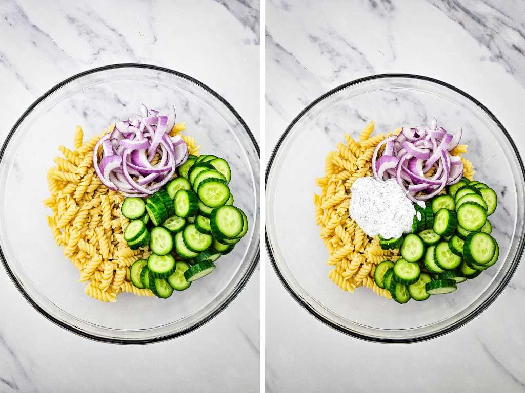 Cucumber pasta salad process 4