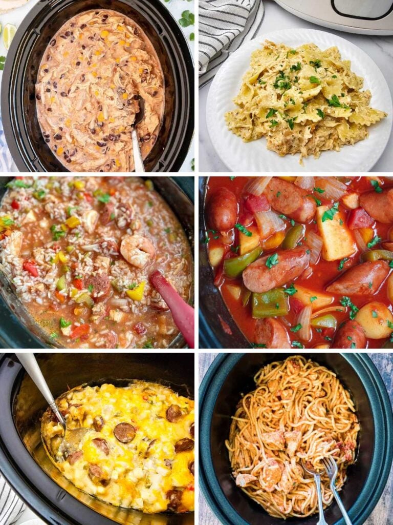 Collage of various dump and go crockpot dinners.