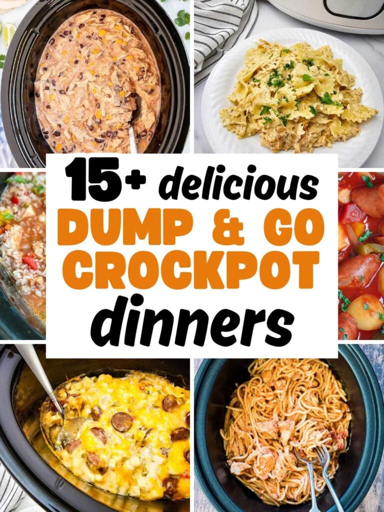 Collage of various dump and go crockpot dinners.
