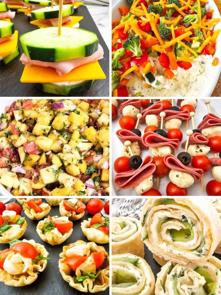 Collage of a variety of no cook appetizers.