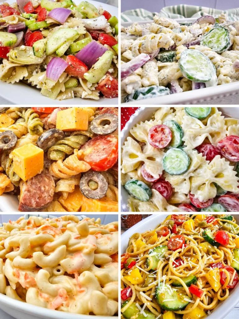 Collage of a variety of make ahead cold pasta salad recipes.