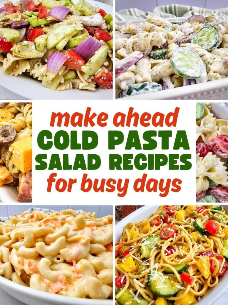 Collage of a variety of make ahead cold pasta salad recipes.