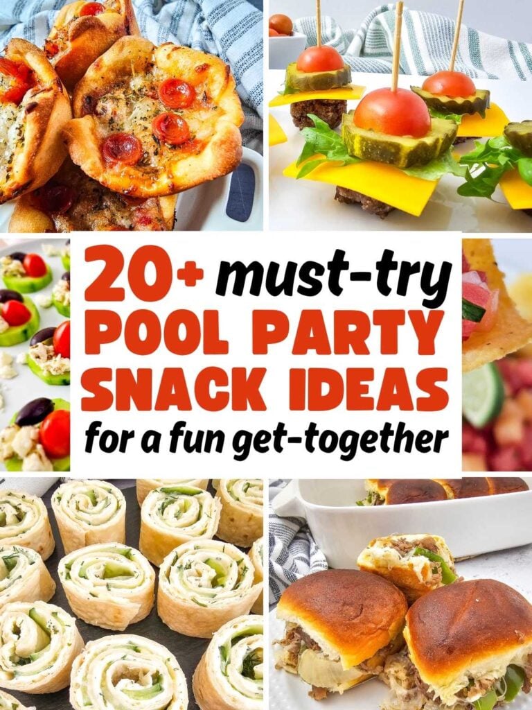Collage of a variety of pool party snack ideas