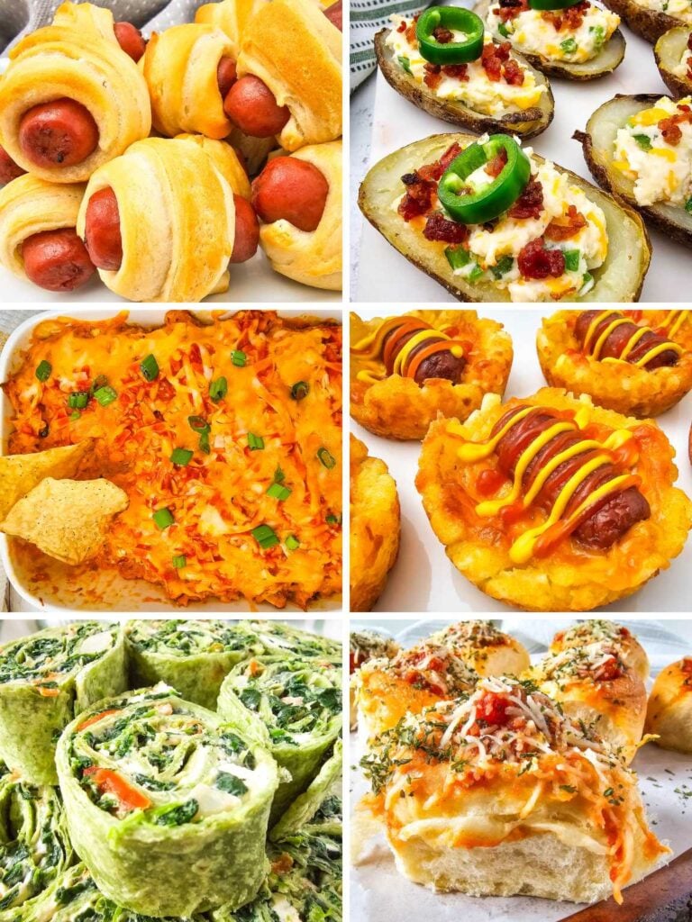 Collage of various tailgate snacks