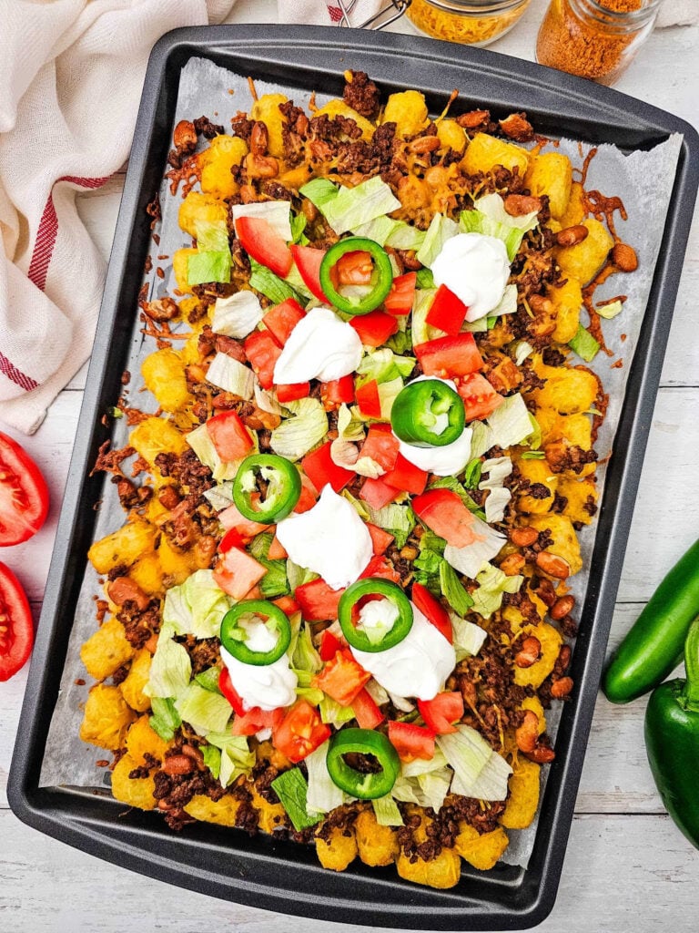 Sheet pan beef tater tot nachos