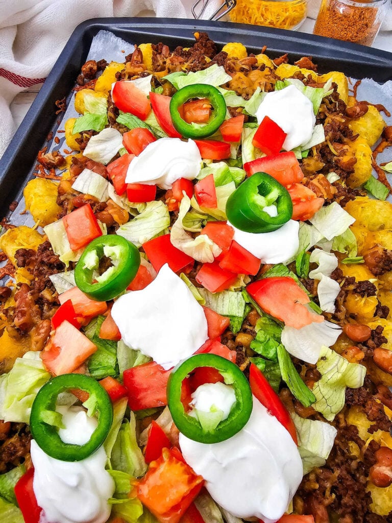 Sheet pan beef tater tot nachos