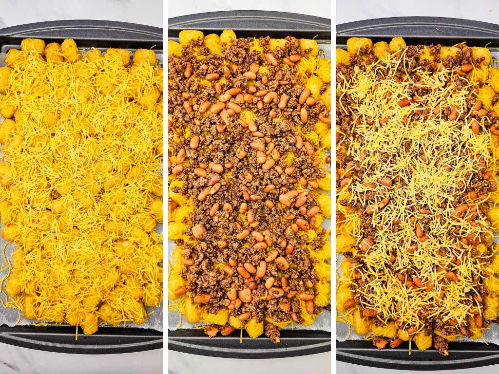Sheet pan beef tater tot nachos process 5