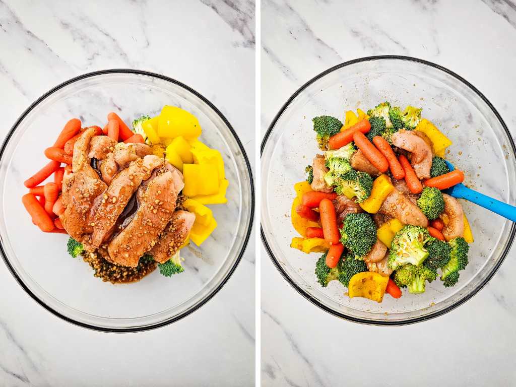 Sheet pan honey garlic chicken and veggies process 5