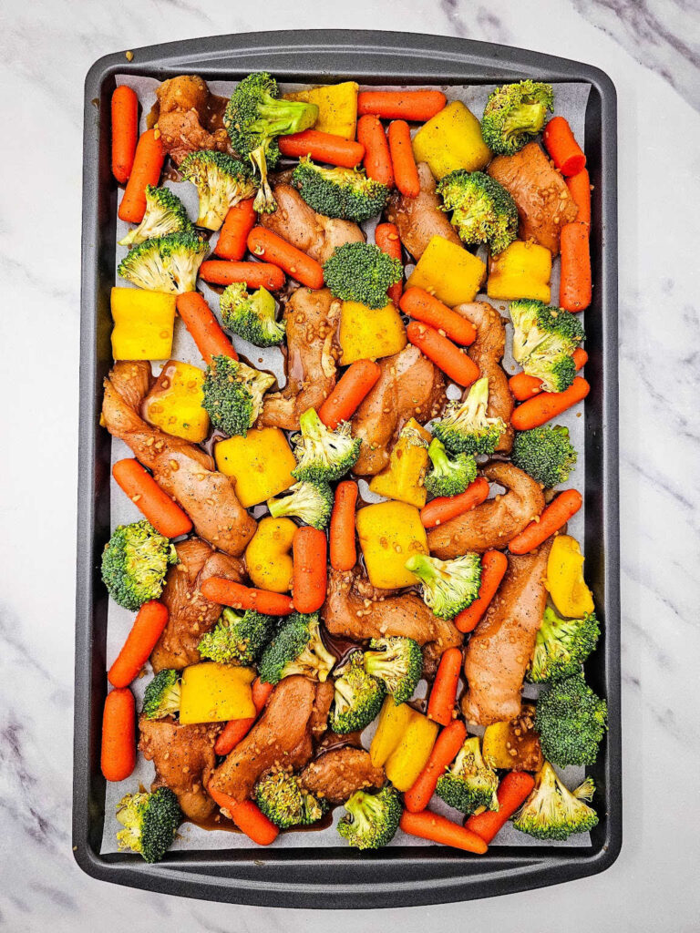 Sheet pan honey garlic chicken and veggies process 6