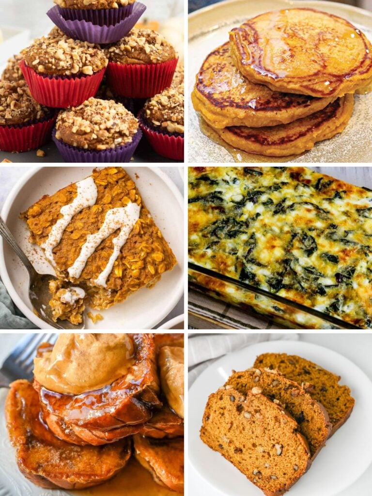 Collage of a variety of fall breakfast recipes.