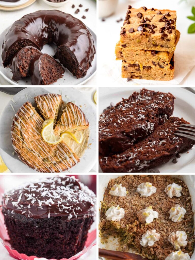 Collage of a variety of zucchini dessert recipes.