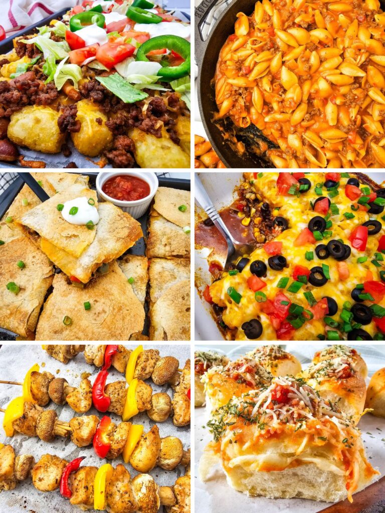 Collage of a variety of Game day dinner ideas.