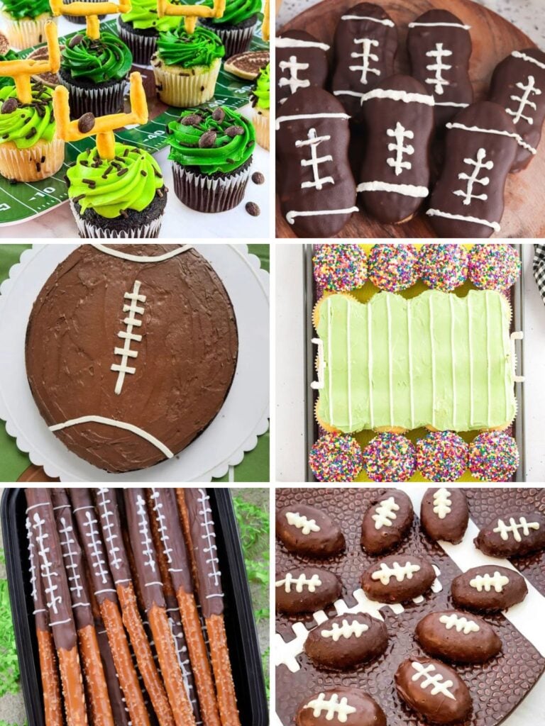 Collage of various football themed desserts.