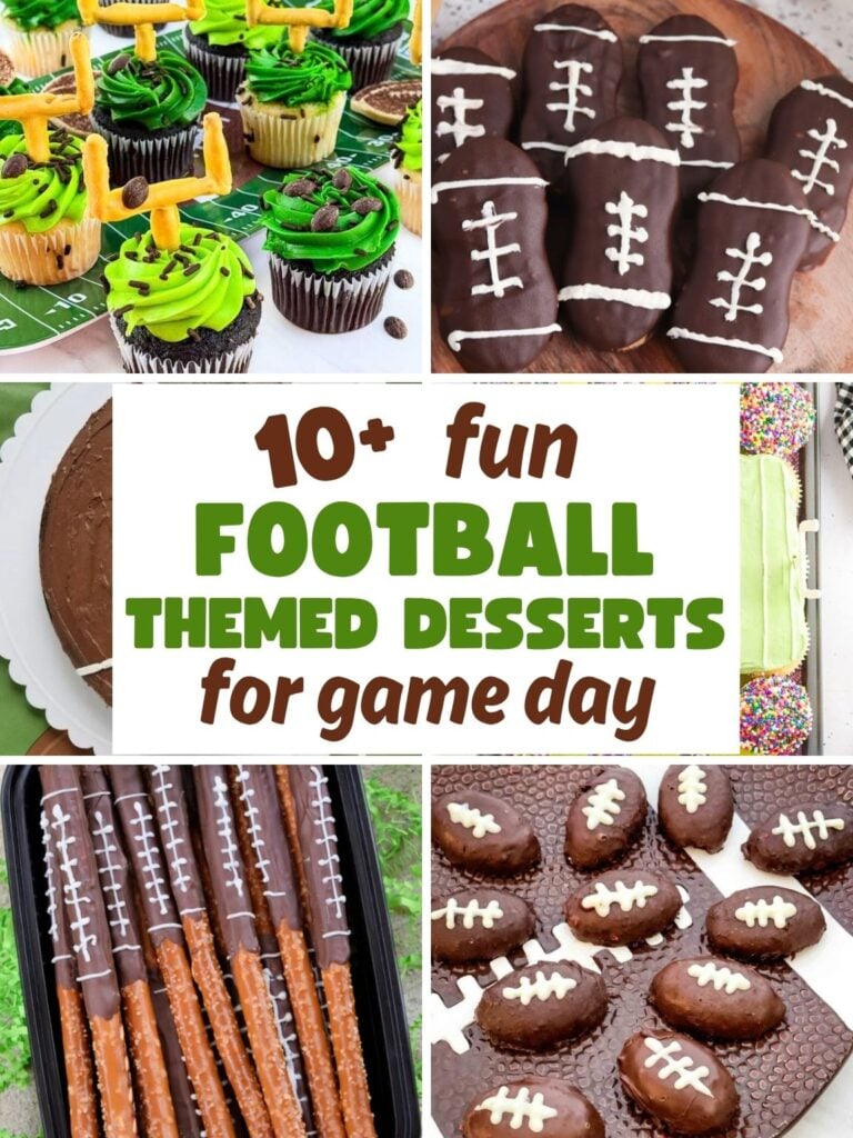Collage of various football themed desserts.