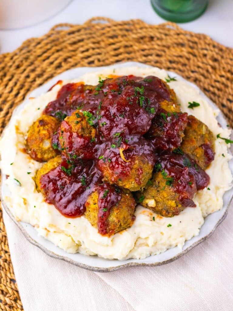 Turkey stuffing meatballs with cranberry glaze