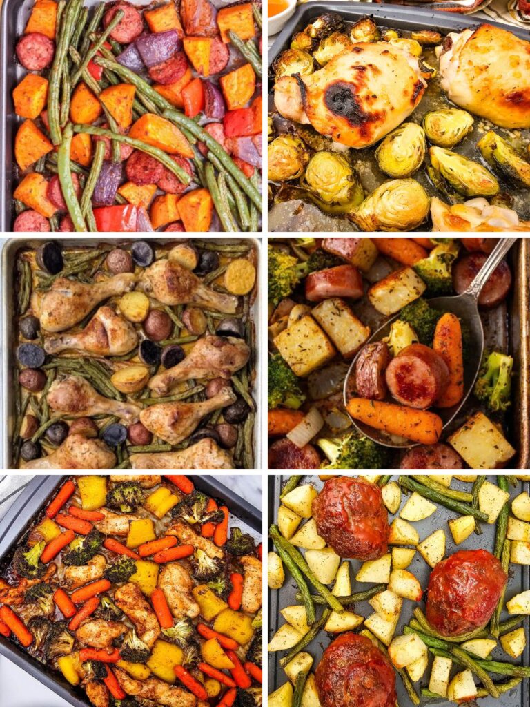 Collage of a variety of cozy fall sheet pan dinners.