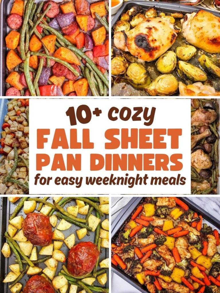 Collage of a variety of cozy fall sheet pan dinners.