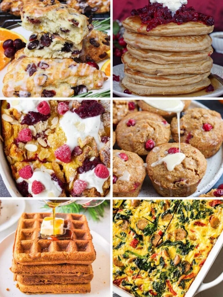 Collage of a variety of Christmas breakfast recipes.