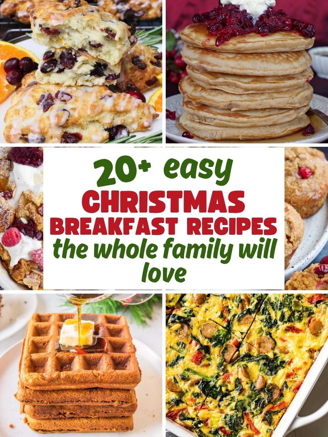 Collage of a variety of Christmas breakfast recipes.
