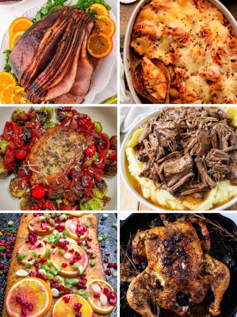 Collage of a variety of easy Christmas eve dinner ideas.